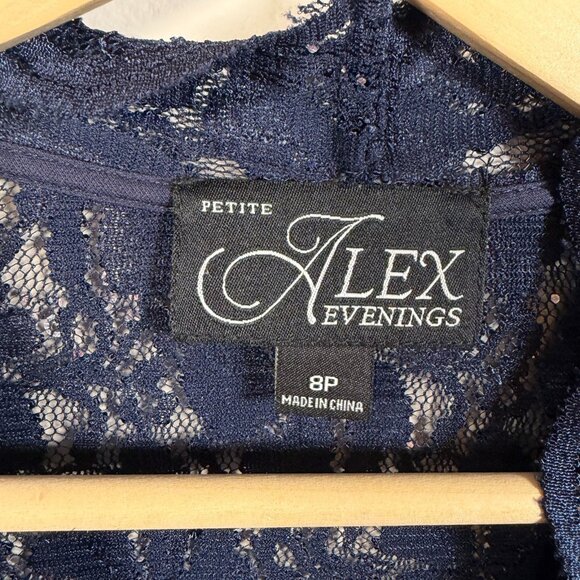 Alex Evenings Dress Jacket Size 8 Petite Navy Blue Sequin Lace Formal Wedding - Picture 3 of 11